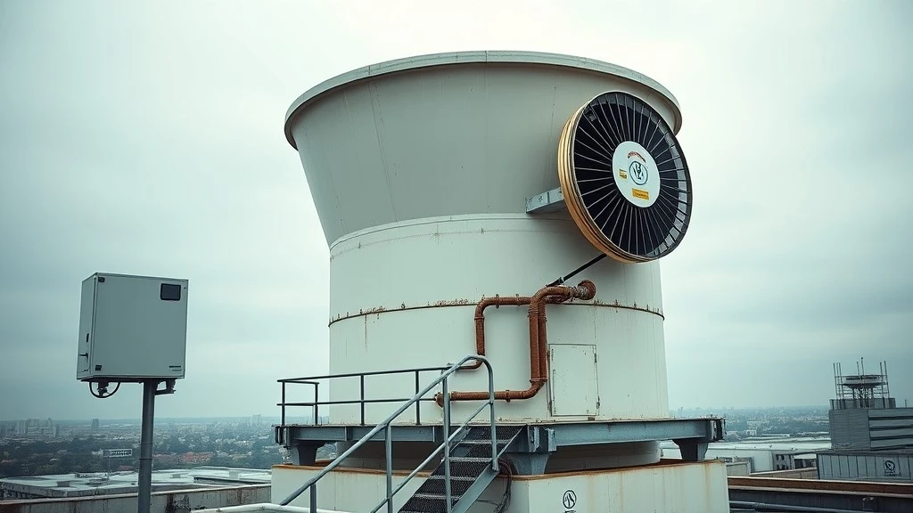 A rooftop cooling tower with a weatherproof control enclosure mounted on its supporting steel frame A rooftop cooling tower with a weatherproof control enclosure mounted on its supporting steel frame